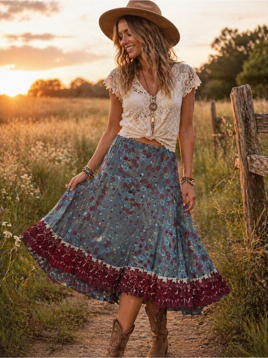 Johnny Was Dresses & Skirts - Johnny Was Floral Skirt Boho Lace Hem Midi Blue Size S